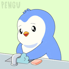 a penguin is washing its hands in a sink and the word pengu is on the bottom right