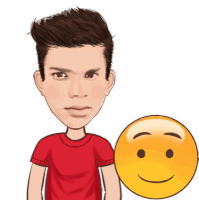 a man in a red shirt stands next to a smiling smiley face