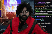a man with makeup on his face is standing in front of a screen that says " play "