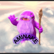 a purple cartoon character holding a cane with the word aminake written on it
