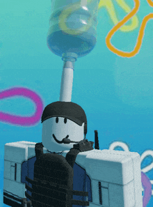a robot with a water bottle on top of his head