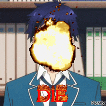 a pixel art of a man with a flame coming out of his face and the word die below it