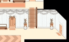 a cartoon drawing of a room with two potted plants and a staircase