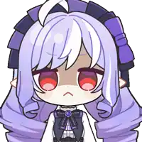 a cartoon girl with purple hair and red eyes has a sad look on her face