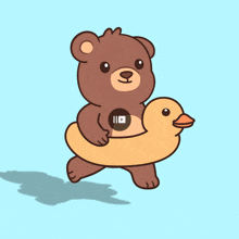 a brown teddy bear is carrying a yellow rubber duck with a youtube logo on it