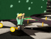 a pixel art of a person sitting on a wheel with coins in the background