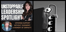 a woman is standing in front of a sign that says unstoppable leadership spotlight