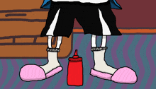 a cartoon drawing of a person standing next to a bottle of ketchup