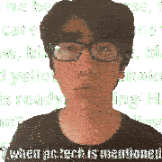 a pixelated image of a man wearing glasses and a black shirt with the caption twhen pc tech is mentioned