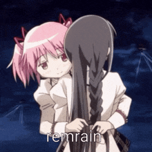 a couple of anime girls hugging with the word remrain written below them