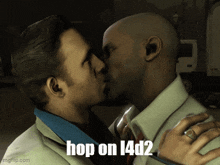 a couple of men kissing with the words hop on 14d2 below them