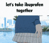 a cartoon of a girl in a skirt standing next to a body of water .