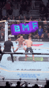 two men are fighting in a boxing ring with a bmf logo above them