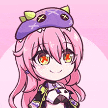 a cartoon character with pink hair and a purple hat