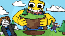 a cartoon of a roblox character holding a piece of dirt in his mouth