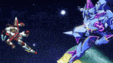 two robots are fighting in space and one has the letter x on its back