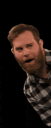a man in a plaid shirt with his mouth wide open