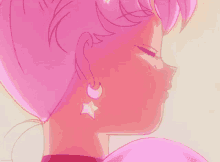 a drawing of a girl with pink hair wearing earrings with stars