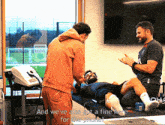 a man laying on a table with the words " and we 've also got a fine here for the phone " on the bottom