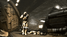 a video game scene with a soldier standing next to another soldier