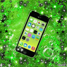 a picture of a cell phone on a green background with picmix written in the corner