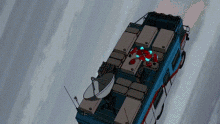 a cartoon of a bus with a robot on the back .