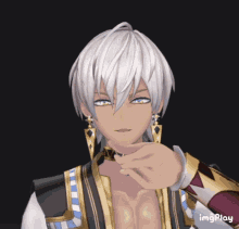 a man with white hair and blue eyes is wearing a choker and earrings and has the word imgplay on the bottom right