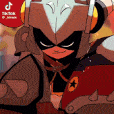 a cartoon drawing of a knight with a red star on his chest and a white helmet