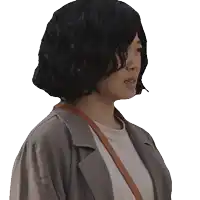 a woman with short black hair is wearing a grey jacket and white shirt