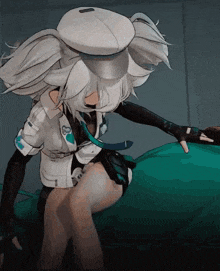 a cartoon character with white hair and a hat has the number 1 on her chest