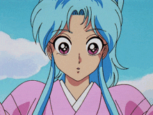 a girl with blue hair and pink eyes is wearing a pink shirt