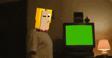 a person with a cartoon character on their head is standing in front of a television with a green screen