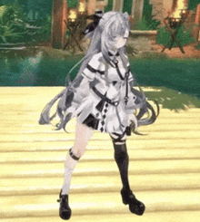 a girl in a white dress is standing on a wooden floor .