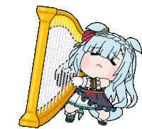 a cartoon drawing of a girl playing a harp on a white background