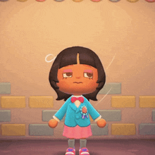 a cartoon character wearing a blue jacket and pink skirt