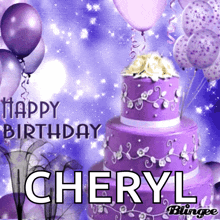 a purple birthday cake with the name cheryl written on it