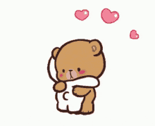 a brown and white teddy bear hugging each other with pink hearts coming out of their eyes .