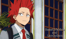 a red haired anime character with the words rosekirishima and lambysero below