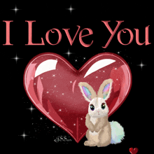 a rabbit sitting in front of a red heart that says i love you