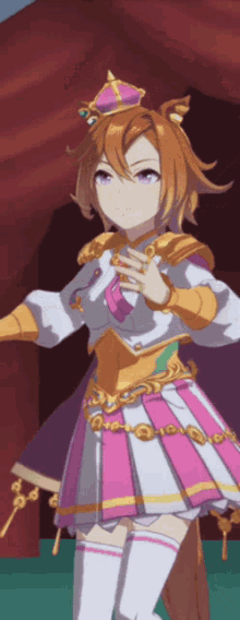 a girl with purple eyes is wearing a pink and white dress and a crown on her head