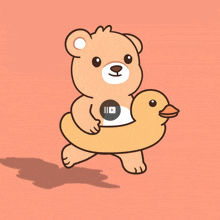 a cartoon of a teddy bear carrying a rubber duck float