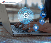 a person is typing on a laptop with a logo for impressico business solutions behind them