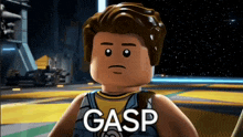 a lego character with the word gasp written on his chest