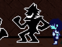 a pixel art of a person standing next to a shadow of a wolf .