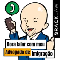 a cartoon of a man holding a cell phone with the words bora falar com meu advocato de immigacao