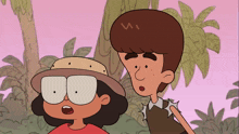 two cartoon characters standing next to each other with one wearing a hat with the letter w on it