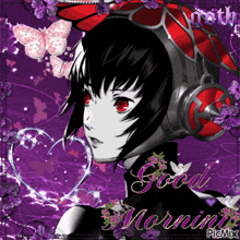 a picture of a girl with headphones and the words good morning on it