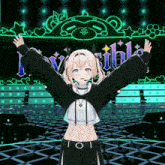 a girl stands in front of a glowing sign that says invisible