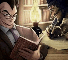 a man in a suit and tie is reading a book while another man is writing on a piece of paper .