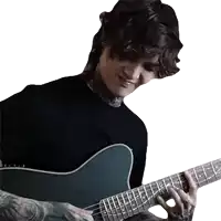 a man in a black shirt is playing a guitar on a white background